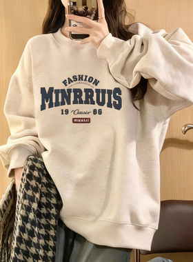 美式圆领加绒加厚白灰色大童卫衣女秋冬宽松初中高中学生百搭上衣