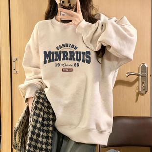 美式圆领加绒加厚白灰色大童卫衣女秋冬宽松初中高中学生百搭上衣