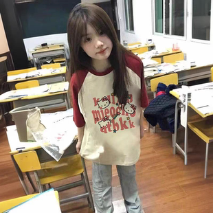 撞色拼接可爱纯棉短袖t恤女2026新款夏季初中女生插肩袖体恤上衣