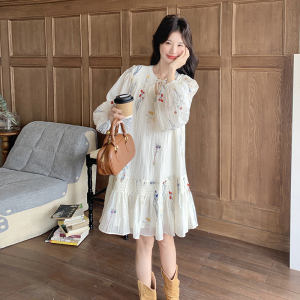 温柔风白色碎花长袖连衣裙女春秋超火好看高级小众V领收腰短裙子图片
