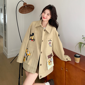 卡通印花工装风衣外套女2025春季新款韩系设计感宽松显瘦休闲大衣图片