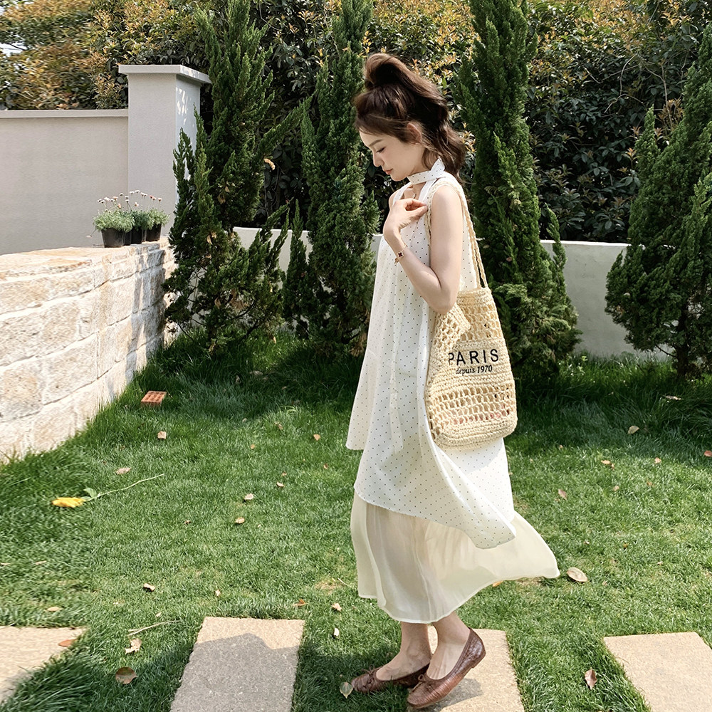 时尚波点拼接无袖背心连衣裙女2025夏季新款设计感收腰时髦连衣裙,女装连衣裙,西子