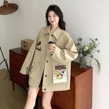 卡通印花工装风衣外套女2025春季新款韩系设计感宽松显瘦休闲大衣，女装风衣，西子