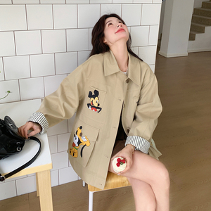 卡通印花工装风衣外套女2025春季新款韩系设计感宽松显瘦休闲大衣图片