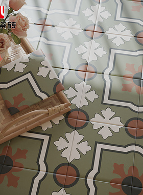 繁花艺术全瓷花砖法式复古绿色玄关厨房浴室背景墙地瓷砖200x200