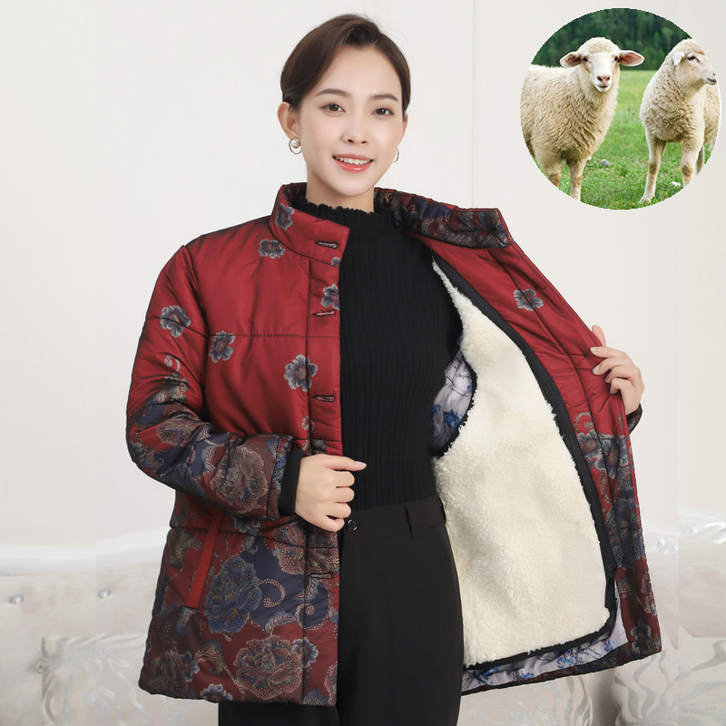 羊毛棉袄女士中老年皮毛一体加厚保暖冬季长袖羊皮外套棉服妈妈装
