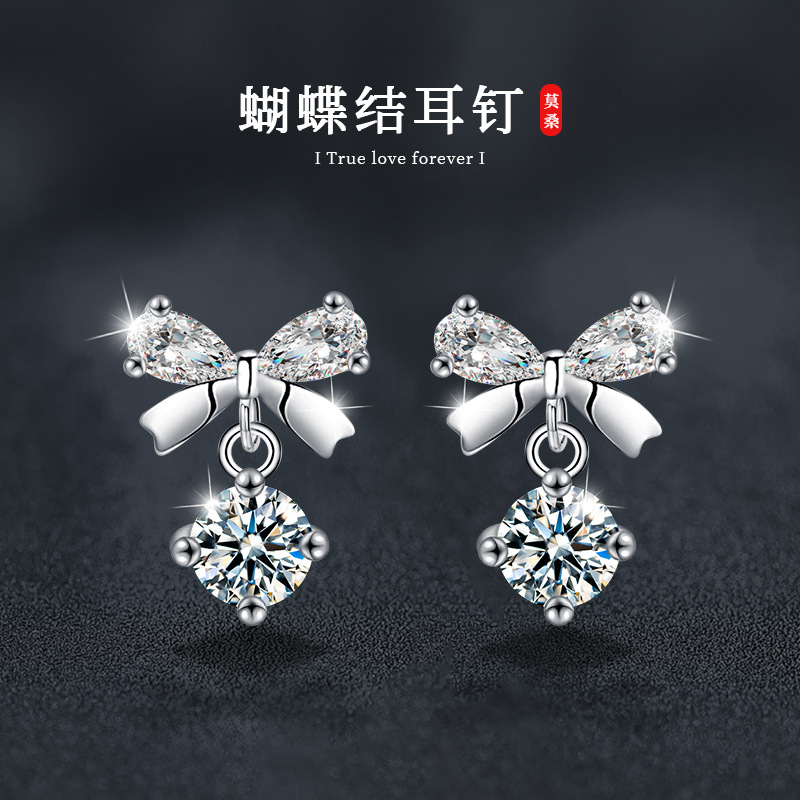 S925纯银莫桑钻蝴蝶结耳钉女轻奢