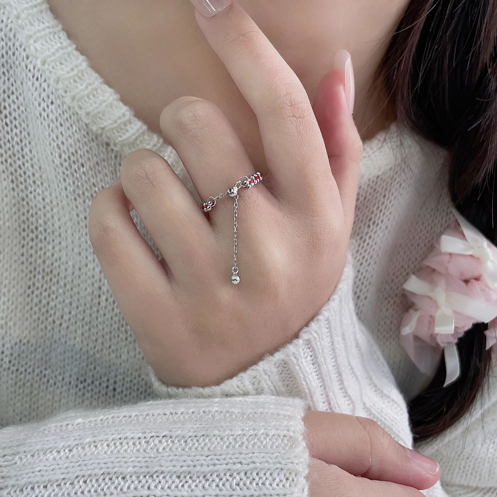 s925纯银圆珠编绳红绳戒指女简约