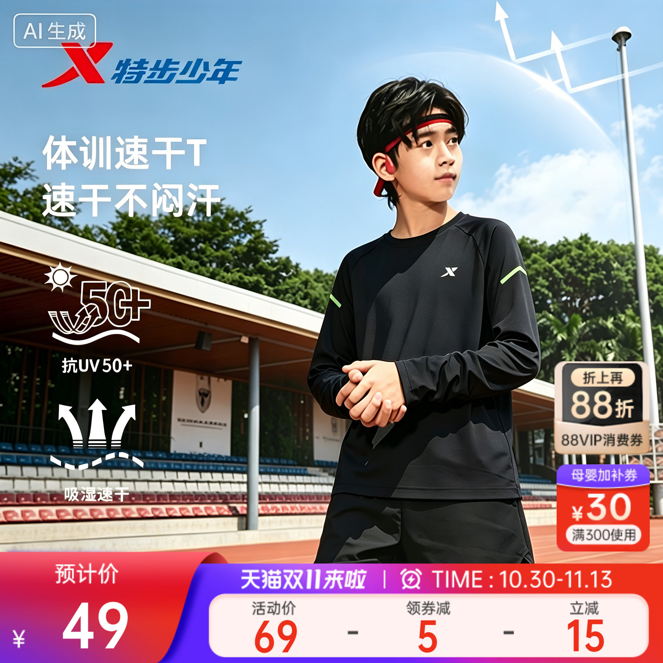 特步童装男童秋上衣儿童长袖速干T恤中大童薄款上衣男童防晒运动t