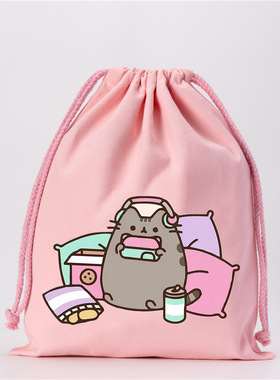 PUSHEEN胖吉猫帆布束口包印花可爱卡通抽绳袋旅行出差收纳包包
