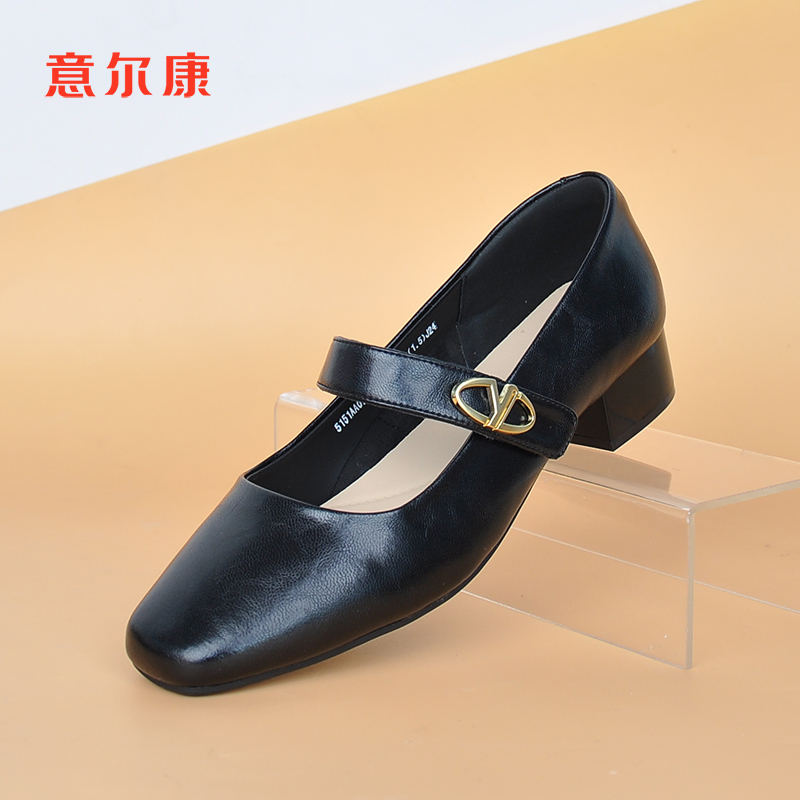 意尔康新款真皮单鞋裙子方头