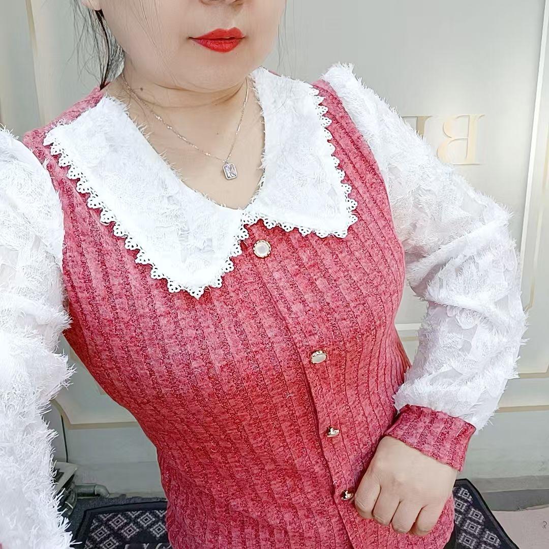 2025秋冬新款娃娃领拼接假两件针织衫显瘦气质百搭上衣打底衫女潮