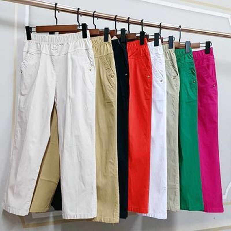 高腰弹力小直筒裤长裤夏季薄款中老年彩色休闲裤大码八九分裤女裤