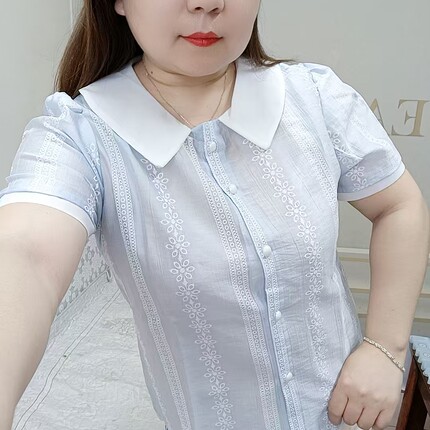 2025夏季新款娃娃领拼色绣花上衣宽松减龄百搭显瘦衬衫女装短袖T