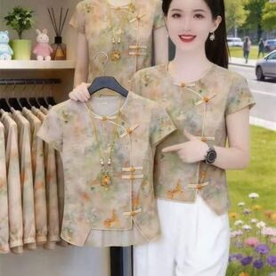 新中式风短袖上衣女士夏季唐装圆领盘扣印花衬衫显瘦百搭国风小衫