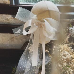 cheli丘林小众设计仙气复古蕾丝飘带蝴蝶结浅粉色新娘侧边夹头饰