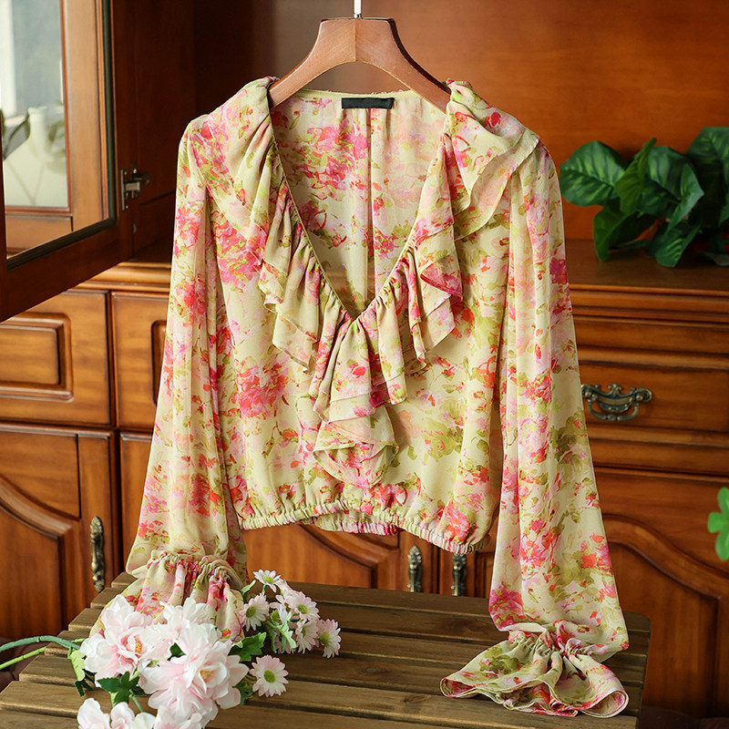 法式碎花印花时尚荷叶边V领短款衬衫四季百搭露腰小个子减龄上衣