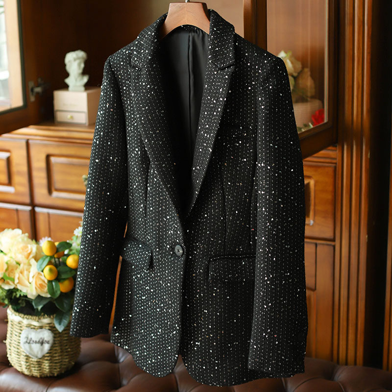 毛呢西装外套女春秋2025春装新款垫肩亮片高级感气质收腰西服上衣