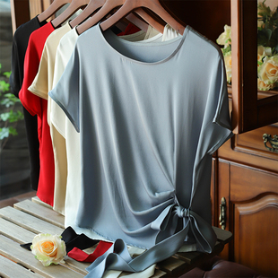 真丝短袖t恤女2025年春季新款设计感小众体恤系带高级感短款上衣