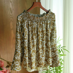 碎花真丝衬衫女2025春季新款一字肩衬衣喇叭袖桑蚕丝前短后长上衣