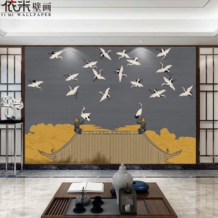 建筑工笔画墙纸古风国风飞鹤禅意墙布客厅电视背景墙定制壁画 中式