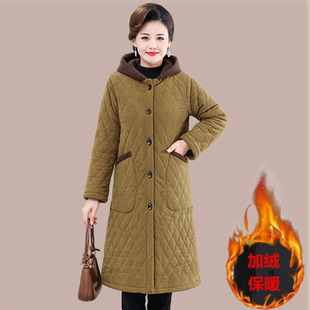 妈妈冬天加绒保暖时尚连帽中长款棉服大衣中老年女洋气风衣棉袄