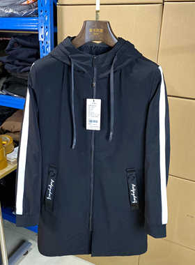 清仓-春秋男士中长款连帽夹克时尚高端休闲黑色外套上衣帅G4Q41