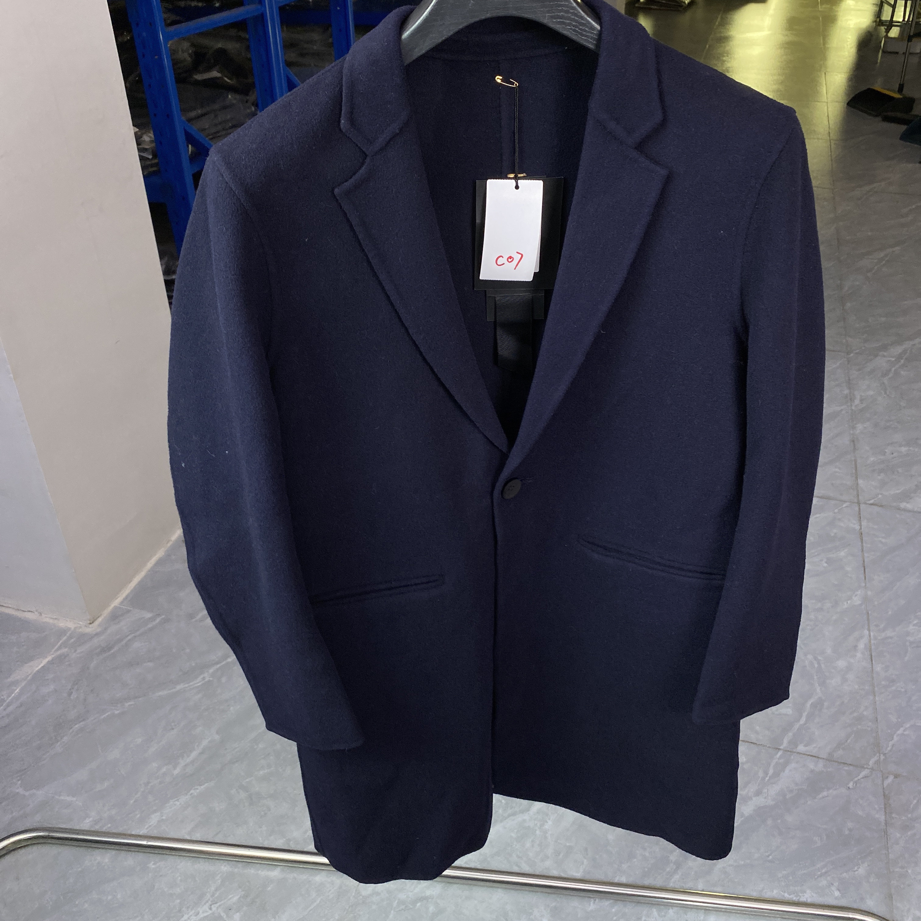 专柜46码100%羊毛藏青色毛呢大衣男士中长款西装领修身外套冬C07