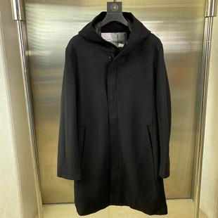 专柜54商务休闲连帽50羊毛呢大衣男冬季 黑色保暖外套C31 中长款