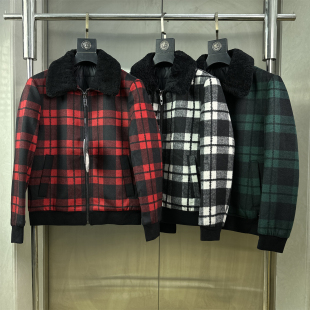 40%羊毛呢子夹克短款 外套填充鸭绒翻毛领红格子简约百搭外套男D19