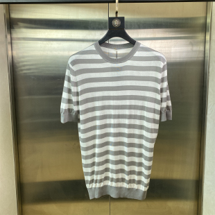 男士 薄款 条纹短袖 夏季 潮流上衣J49 T恤圆领宽松透气针织衫 专柜50码