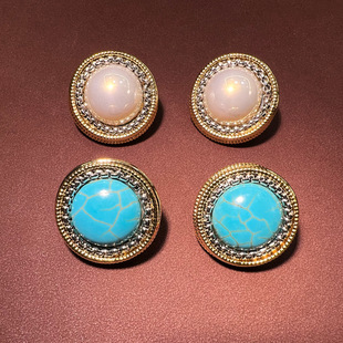 跨境赫本风绿松石高亮珍珠圆形耳钉 vintage复古高级轻奢S925耳饰