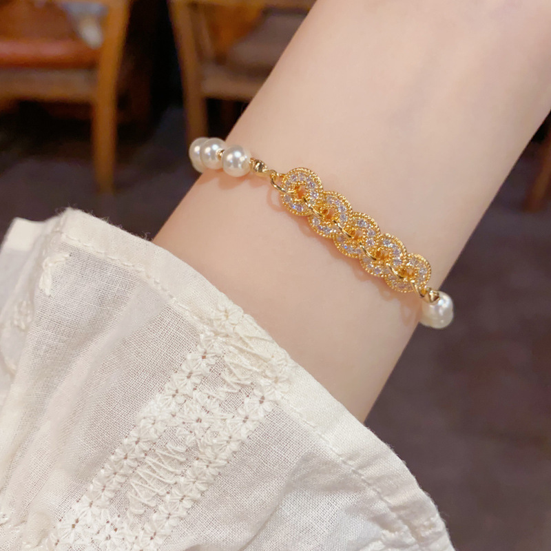 跨境新中式锆石铜钱珍珠串珠手链轻奢高级感手串气质百搭时尚手饰