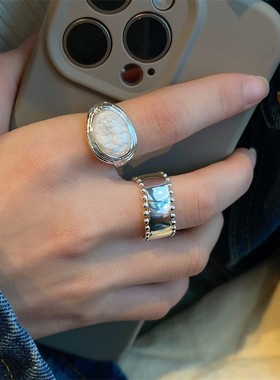 跨境宫廷复古高级弧面树脂云海戒指嘻哈朋克波浪素圈几何宽面指环