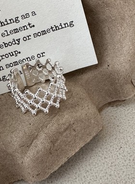 跨境S925纯银韩版小众设计感网格戒指韩式风简约复古轻奢指环银饰