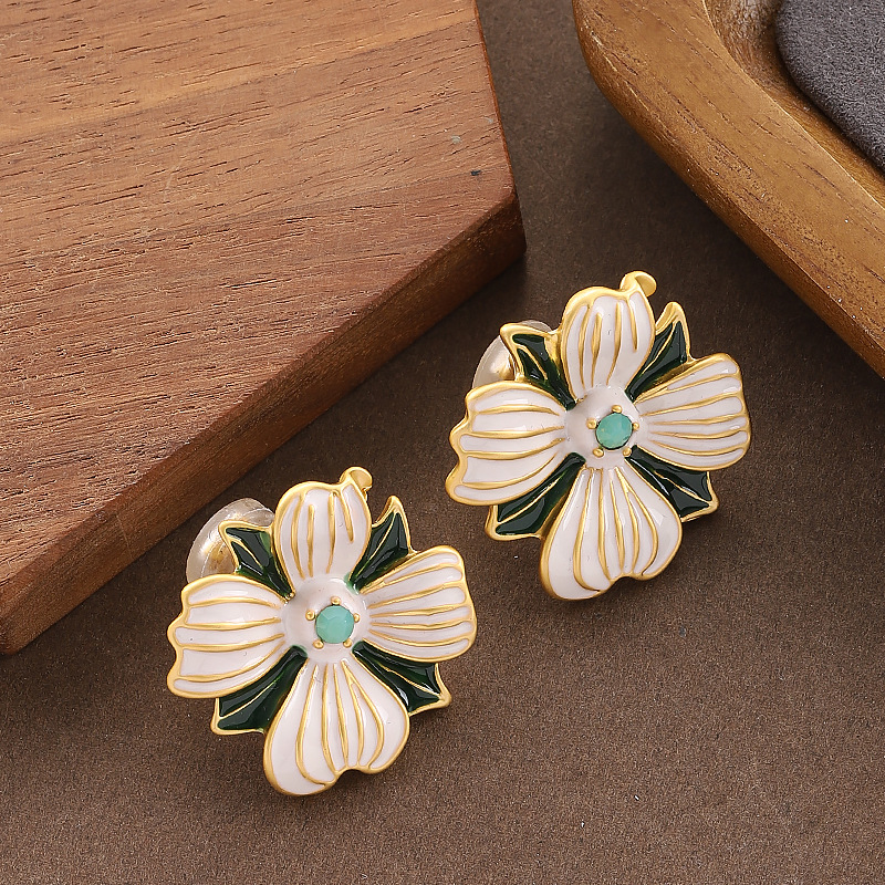 跨境法式个性中古风珐琅滴釉立体花朵耳夹耳环优雅气质宫廷风耳饰