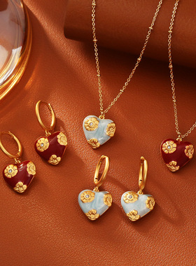 跨境珐琅滴油花朵吊坠项链油画风高级感锁骨链爱心红色蓝色耳环
