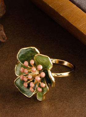 跨境轻奢复古个性中古风手工滴釉珐琅釉山茶花戒指可调节开口指环