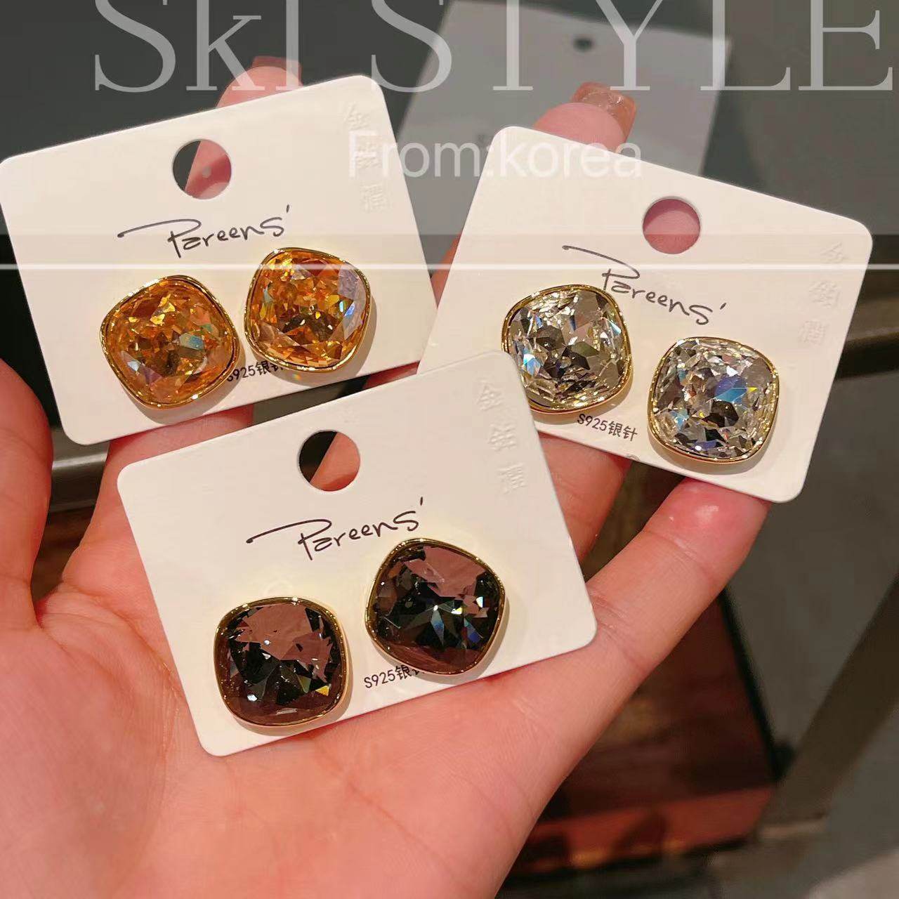 S925银针高级感法式18K包金边几何形水晶耳环气质百搭简约耳钉,饰品/流行首饰/时尚饰品新,耳环,淘宝优惠券,粉丝福利购,淘宝优惠卷