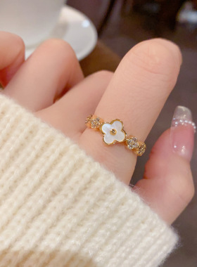 跨境轻奢甜美时尚气质贝壳花朵开口戒指小众设计感精致百搭食指戒