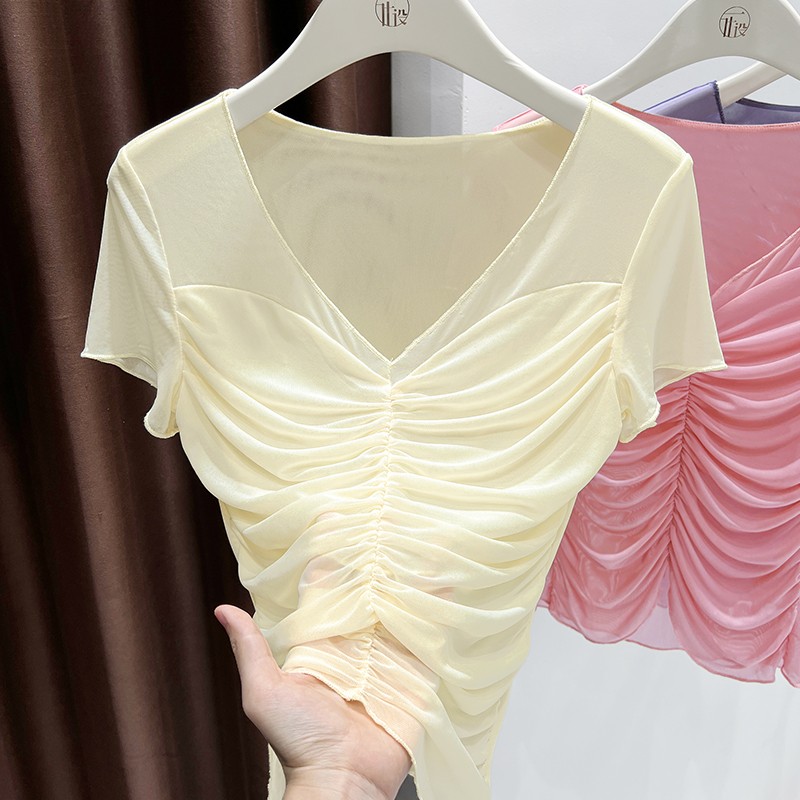 性感网纱V领短袖T恤女夏2025新款修身冰丝薄款褶皱设计感小众上衣