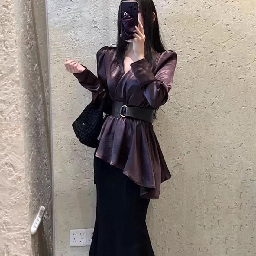 富家千金风缎面感长袖衬衫女秋季不规则腰带设计高级感气质上衣潮