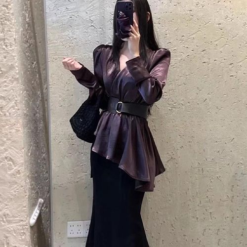 富家千金风缎面感长袖衬衫女秋季不规则腰带设计高级感气质上衣潮