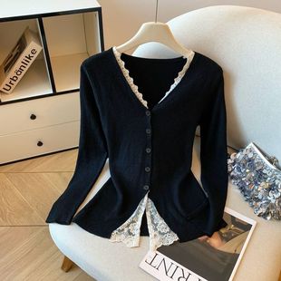 自留款推荐~蕾丝拼接V领针织衫女早秋新款高级感洋气修身内搭上衣