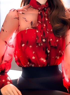 春秋季女2025高端欧货洋气红色复古立领蝴蝶结灯笼袖碎花衬衫上衣