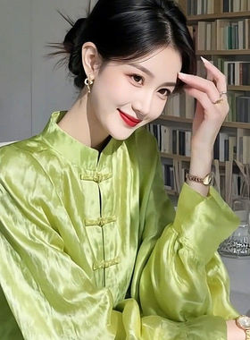 新中式国风绿色盘扣衬衫2025新款独特超好看高级感宽松慵懒风上衣