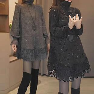 韩版重磅2025秋季气质高领长袖女宽松显瘦中长款蕾丝拼接打底衫女