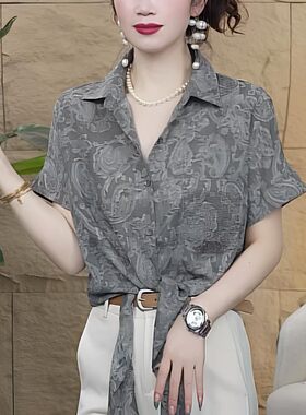 妈妈装夏季POLO领拼接烫钻前扎结短袖衬衫中年女时尚t恤宽松小衫