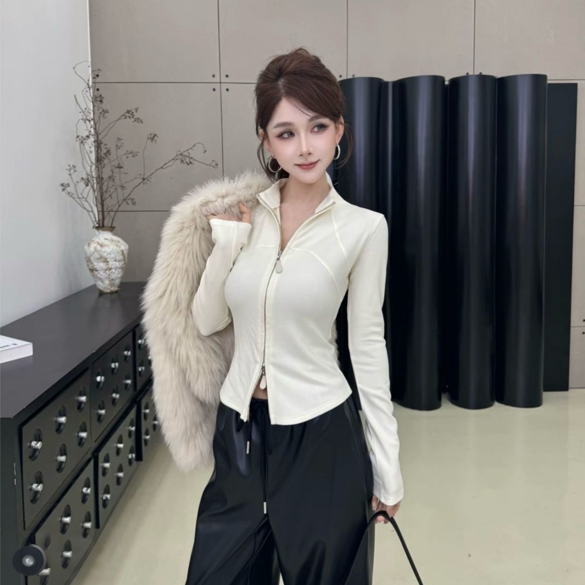 设计感双拉链鱼骨半高领卫衣女2025秋季新款法式时尚修身开衫上衣