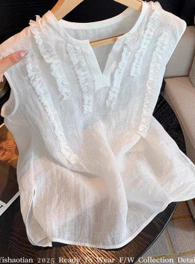 广州十三行爆款女夏季新款老钱风白色V领木耳边亚麻背心无袖衬衫